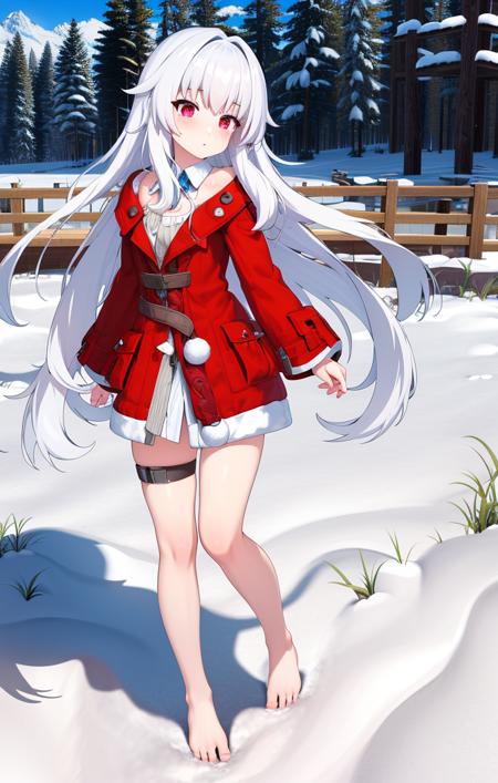 41572-1957397406-highres, detailed, soft lighting, snowy, snow field, standing, full body, red jacket, bare feet, bare legs, clara [honkai star r.png